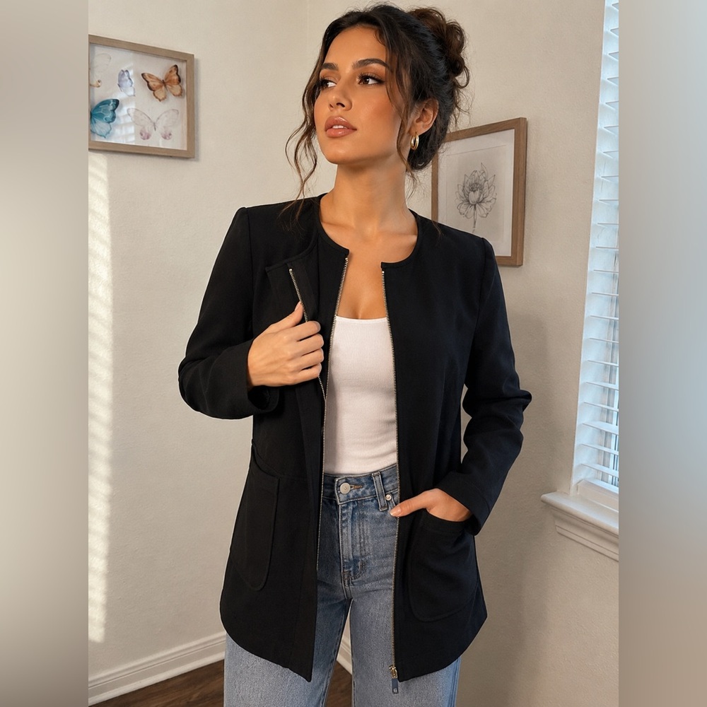 Liz Claiborne Career Zip Front Black Blazer Jacket Medium